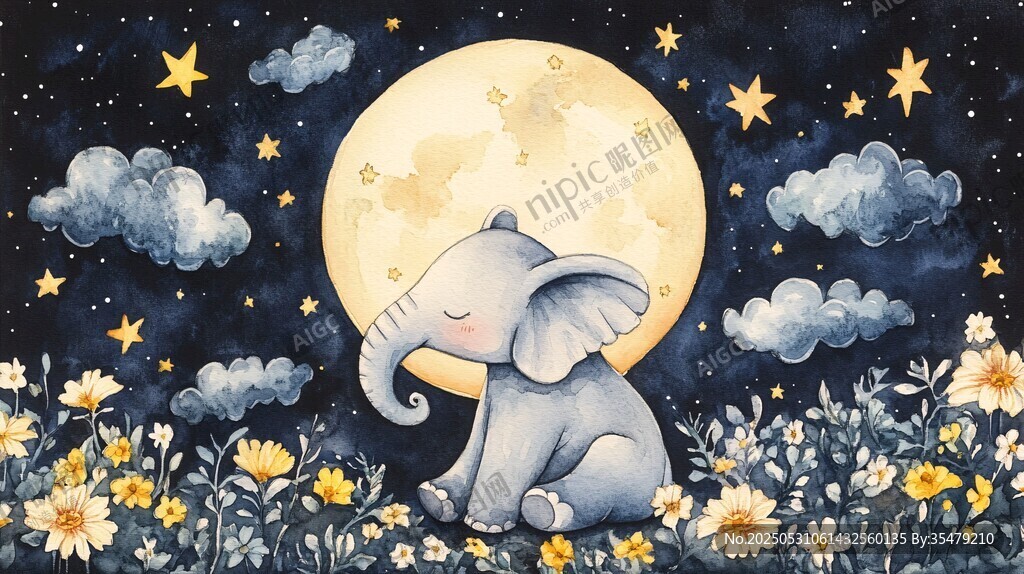 月夜小象在花海中休憩