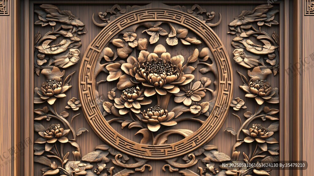 中式木雕牡丹花鸟精美图案