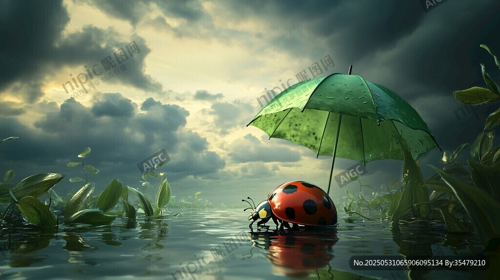 雨中瓢虫撑伞漂浮的奇幻景