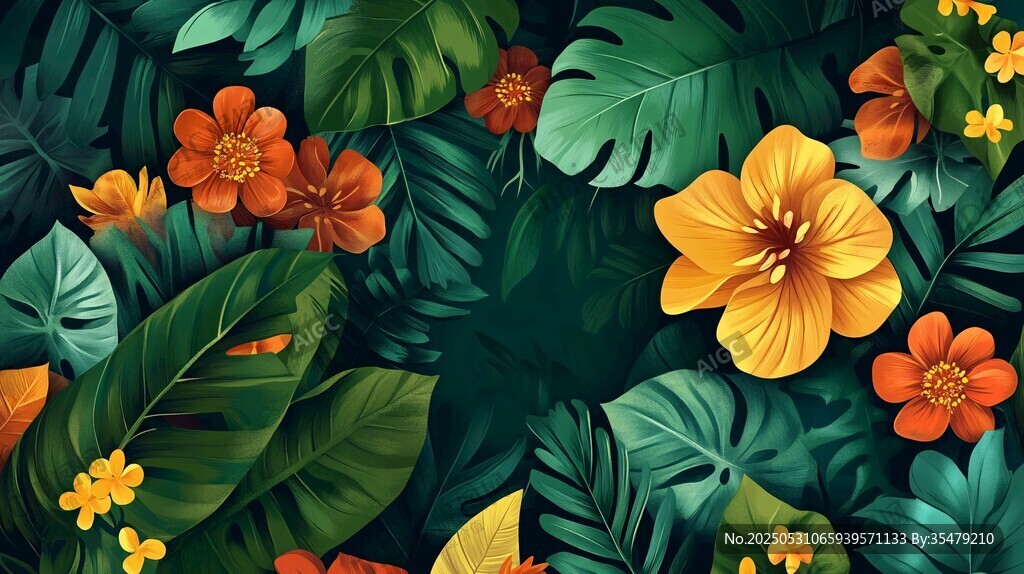 热带花卉与绿叶的绚丽图景