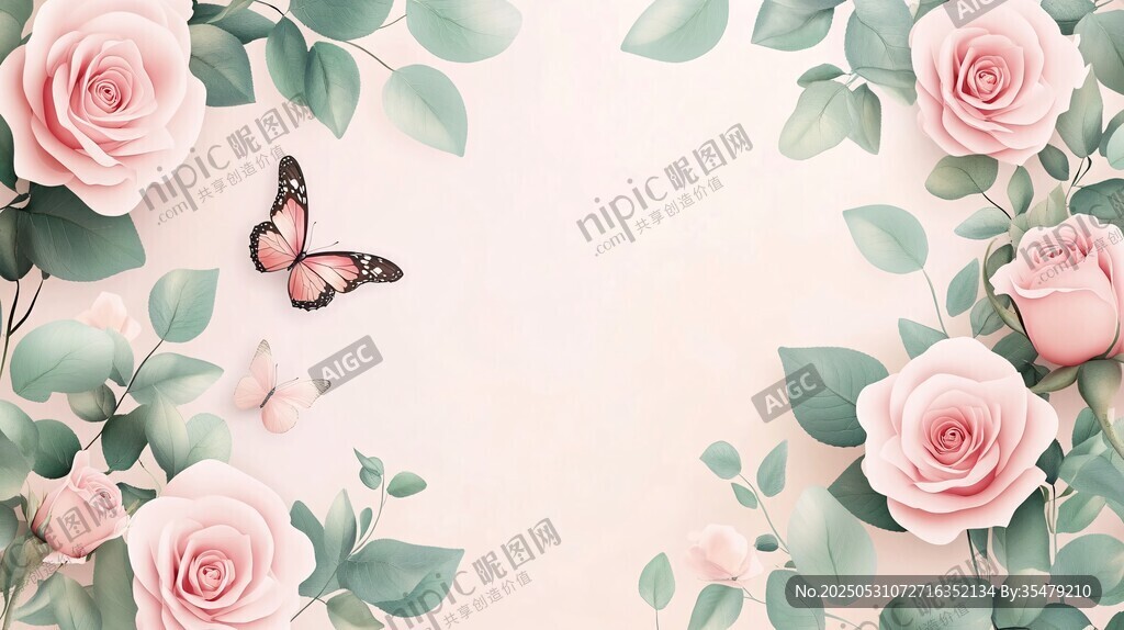 粉色玫瑰与蝴蝶梦幻场景
