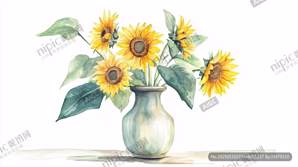 花瓶中的向日葵水彩画