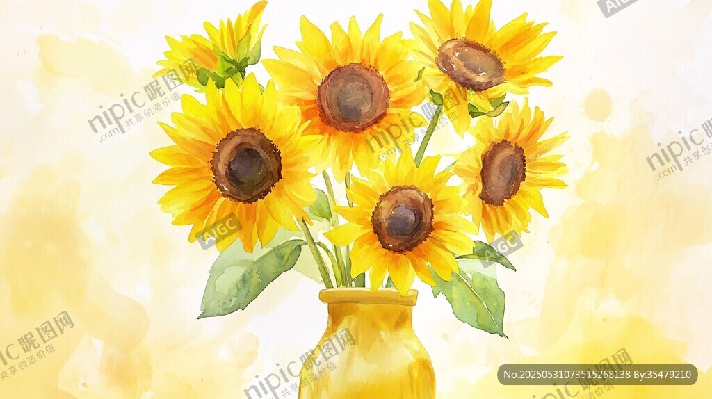 花瓶中的向日葵水彩画