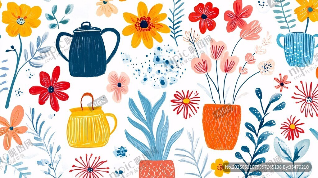 花卉茶壶插画 清新可爱风
