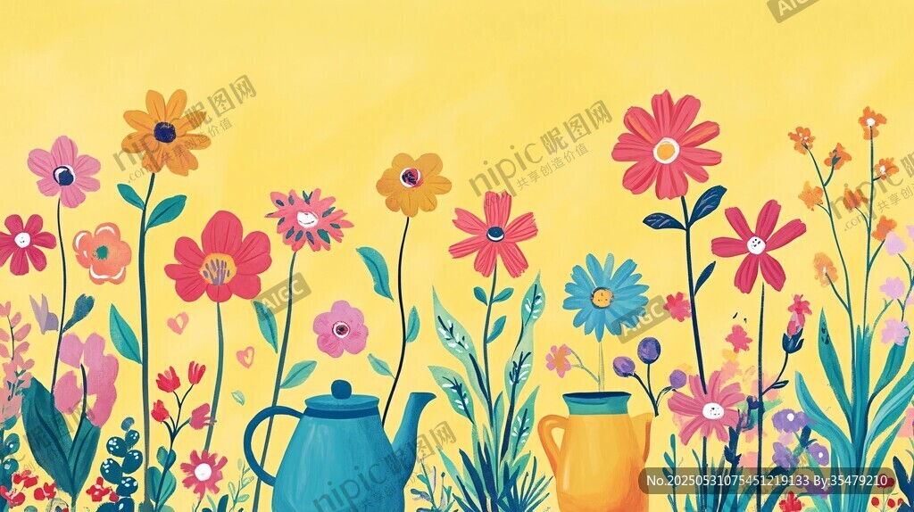 缤纷花卉与复古花器插画