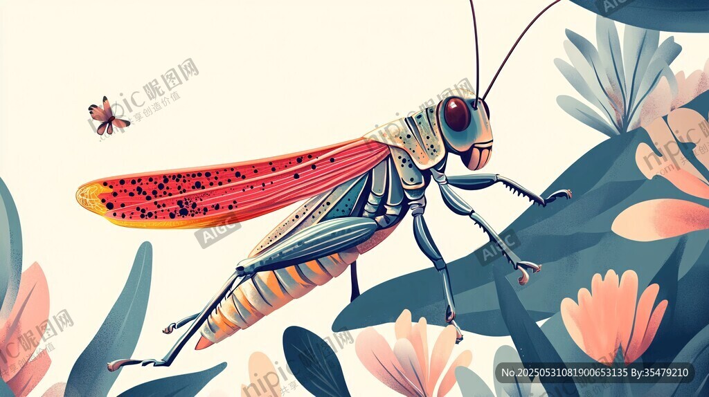 彩翼蚂蚱于花丛间漫步