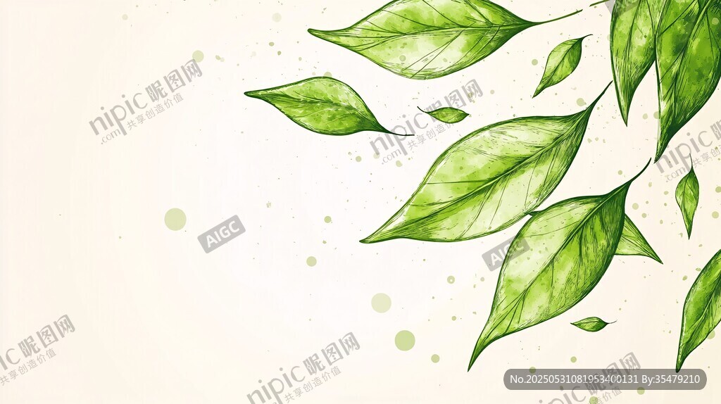 清新绿叶插画背景图