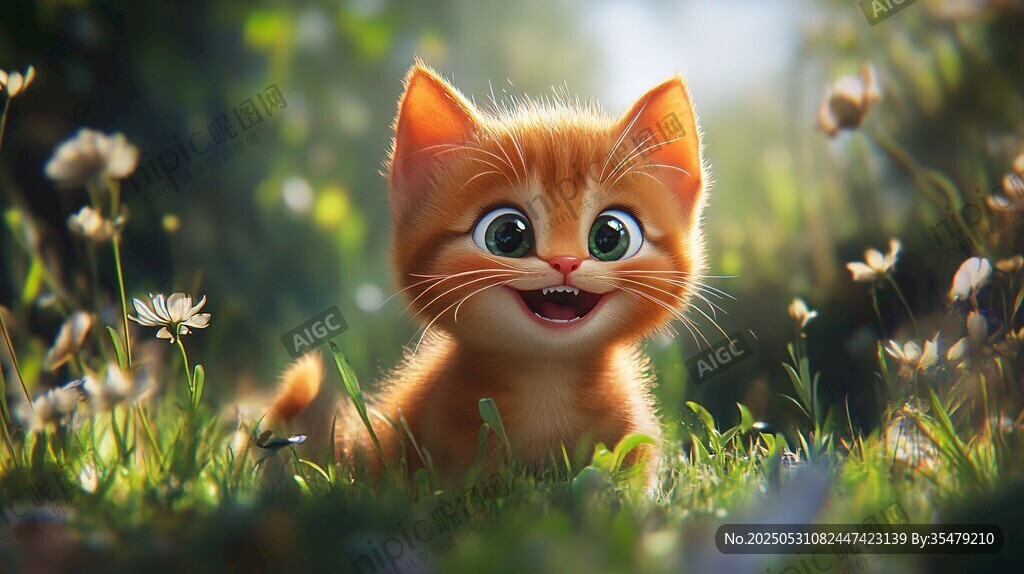 可爱橘猫在草地开心玩耍