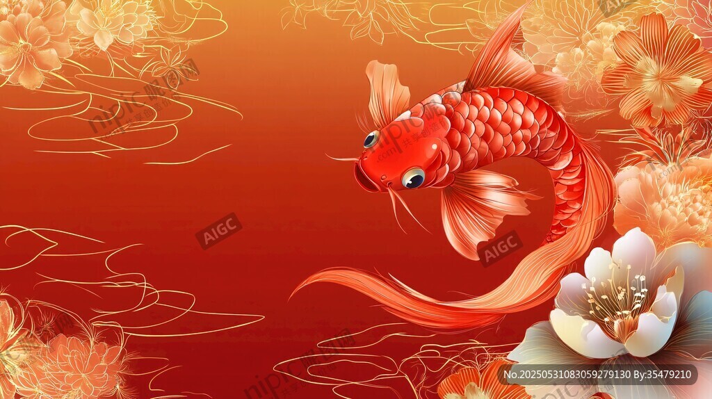 红色锦鲤与花卉喜庆背景