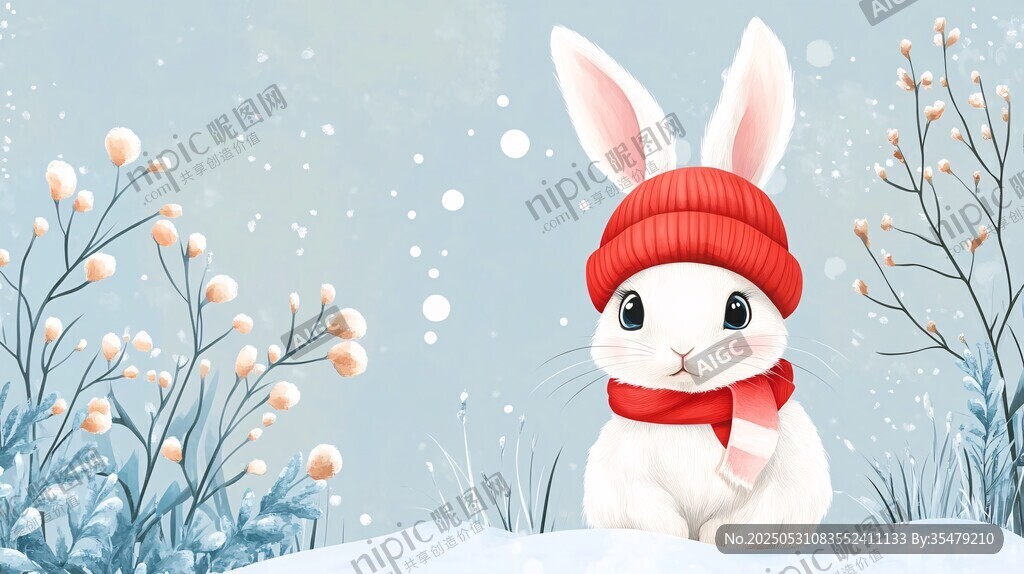 雪地中的戴帽萌兔