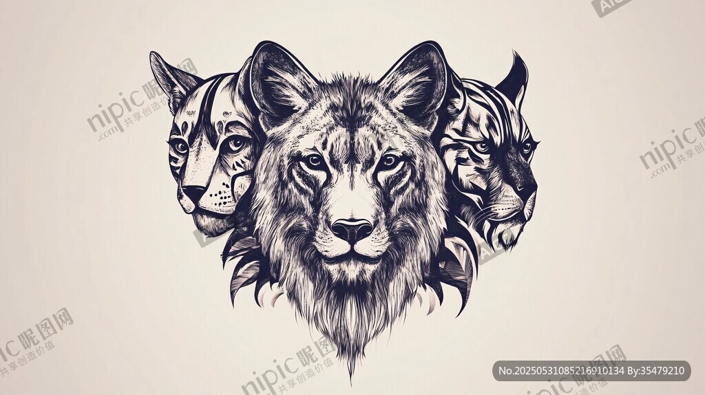三兽头像插画 狮猫虎