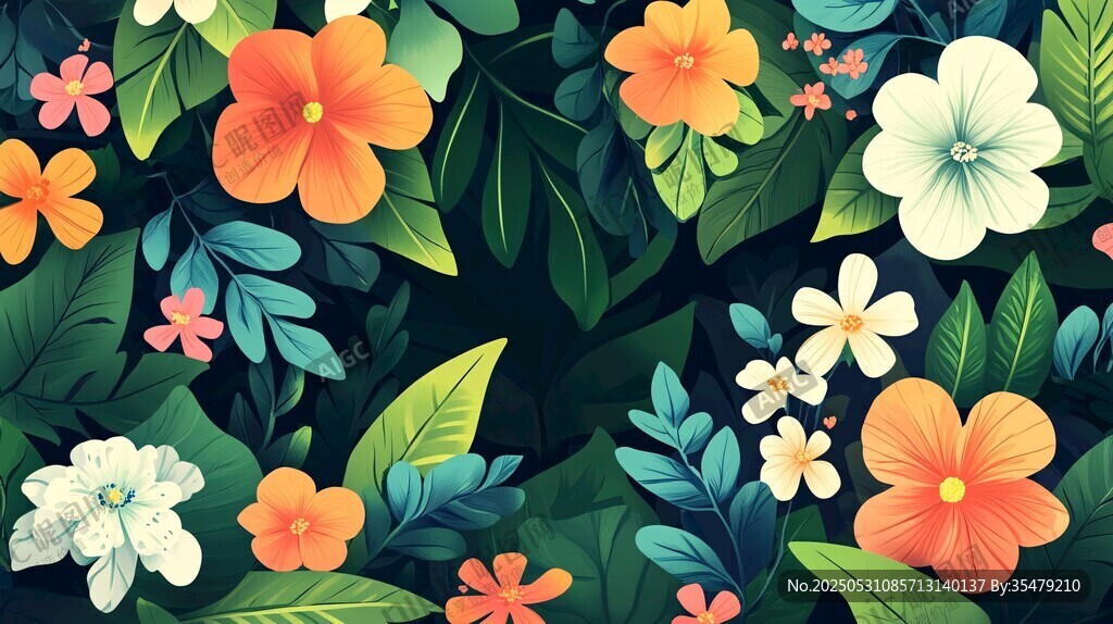 热带花卉绿叶图案背景