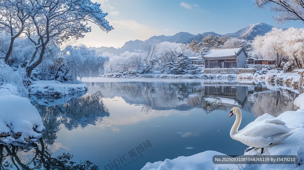 冬日湖畔雪景中的优雅天鹅