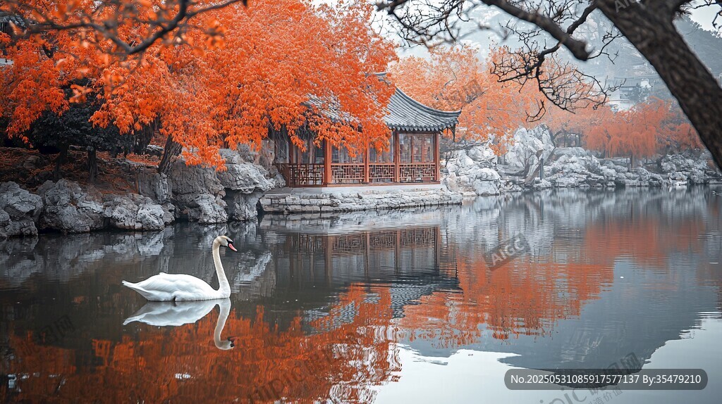 秋景湖畔天鹅伴古亭