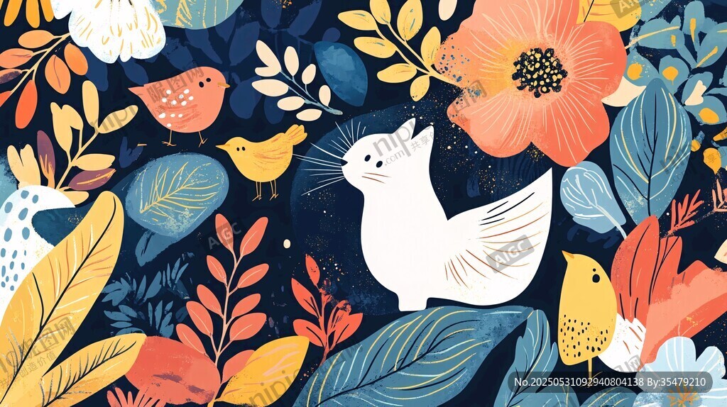 猫咪与花鸟的梦幻插画