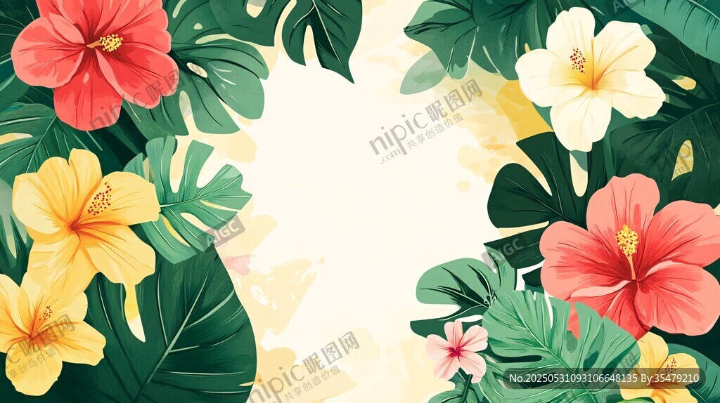 热带花卉绿叶装饰背景图