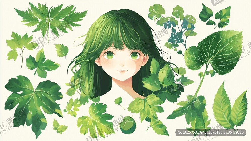 绿叶环绕的清新少女