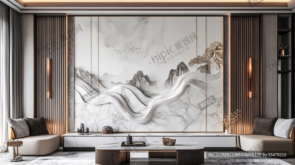 现代中式客厅山水壁画装饰