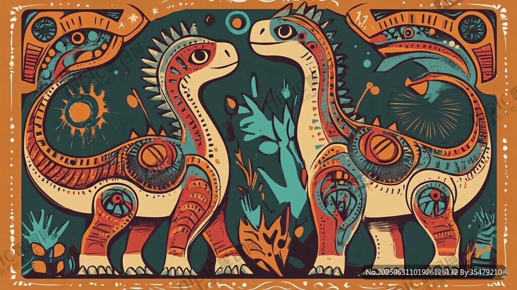 双恐龙奇幻图案艺术插画