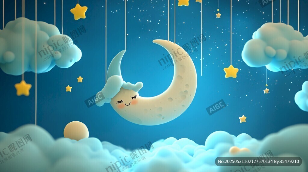 梦幻月亮云朵星空童趣图
