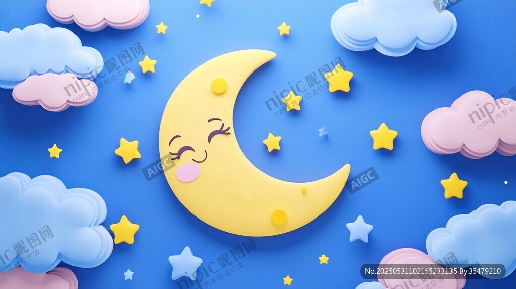 可爱月牙遨游梦幻星空