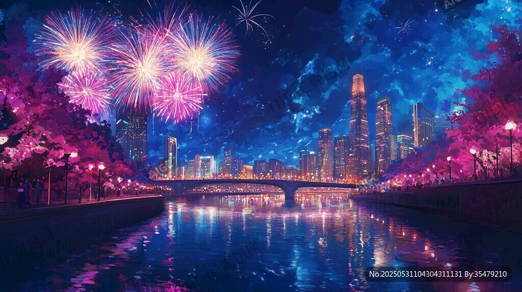 城市河畔烟花浪漫夜景