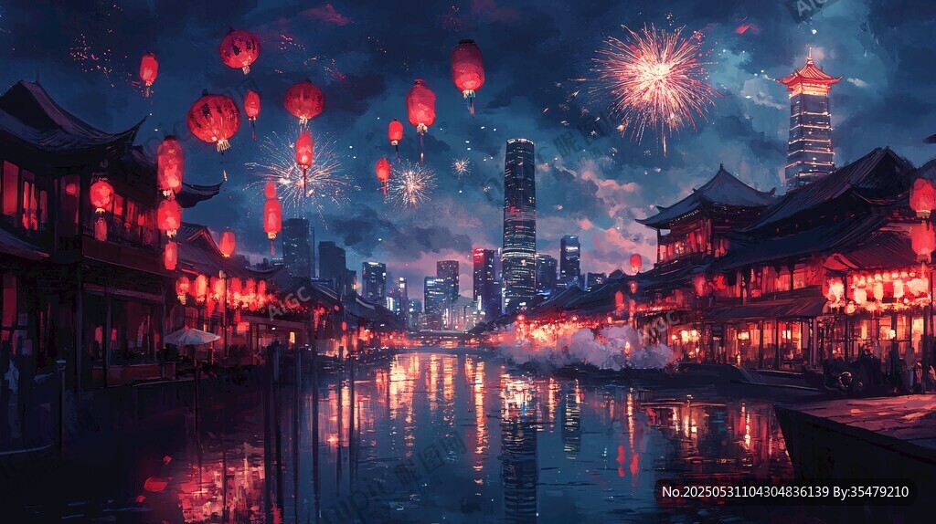古风夜景下的绚烂烟花与灯笼