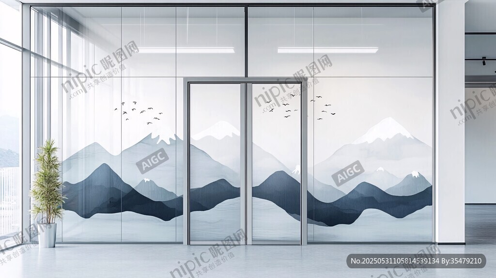 现代办公玻璃门山水装饰画