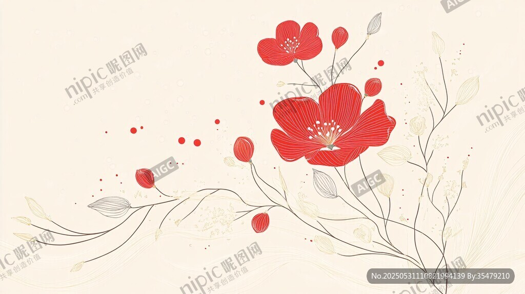 红色花卉插画 清新自然风