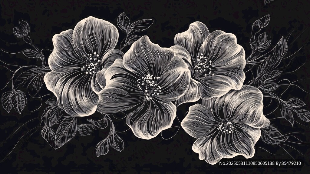 黑白花卉插画图案设计