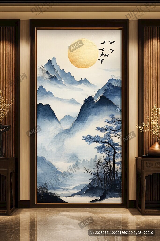中式山水玄关装饰画意境美