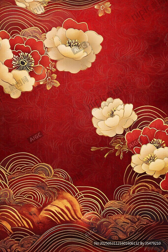 中式红底牡丹海浪纹图案