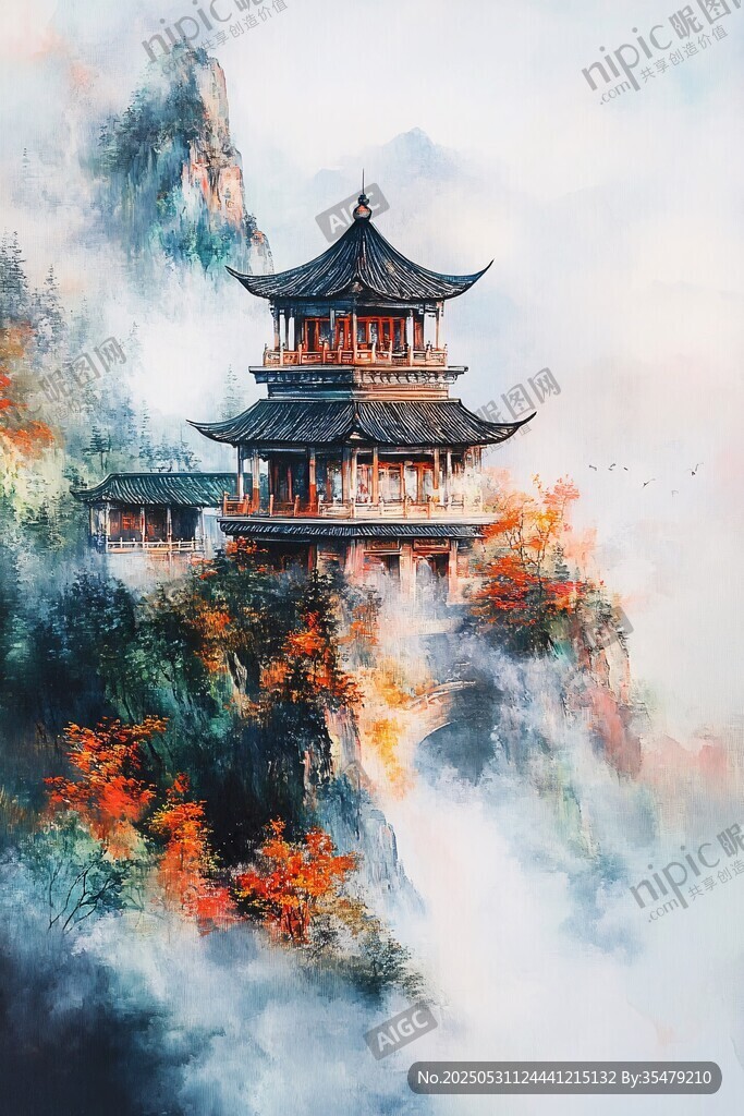 水墨山间古亭秋景图