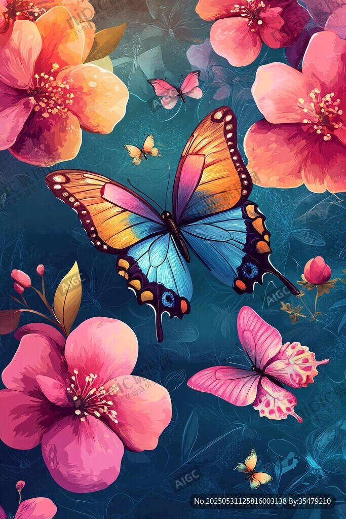 梦幻蝴蝶与繁花插画