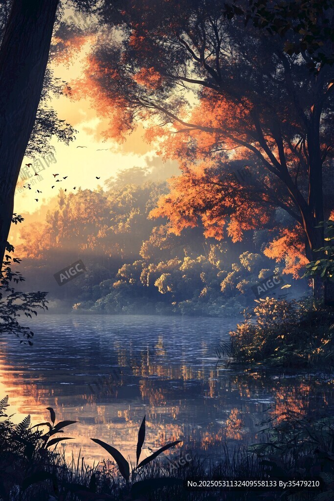 秋日湖畔梦幻森林美景