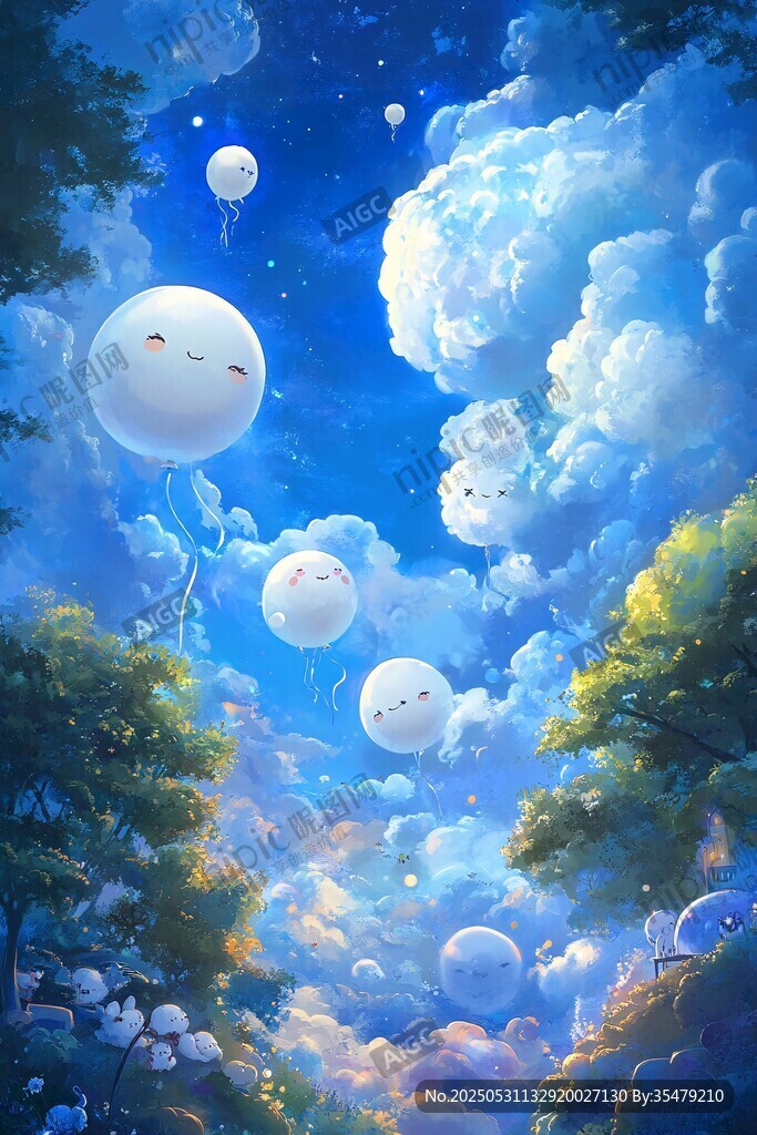 梦幻天空中的可爱云朵精灵