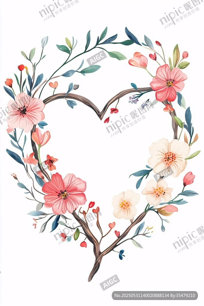 心形花卉花环插画