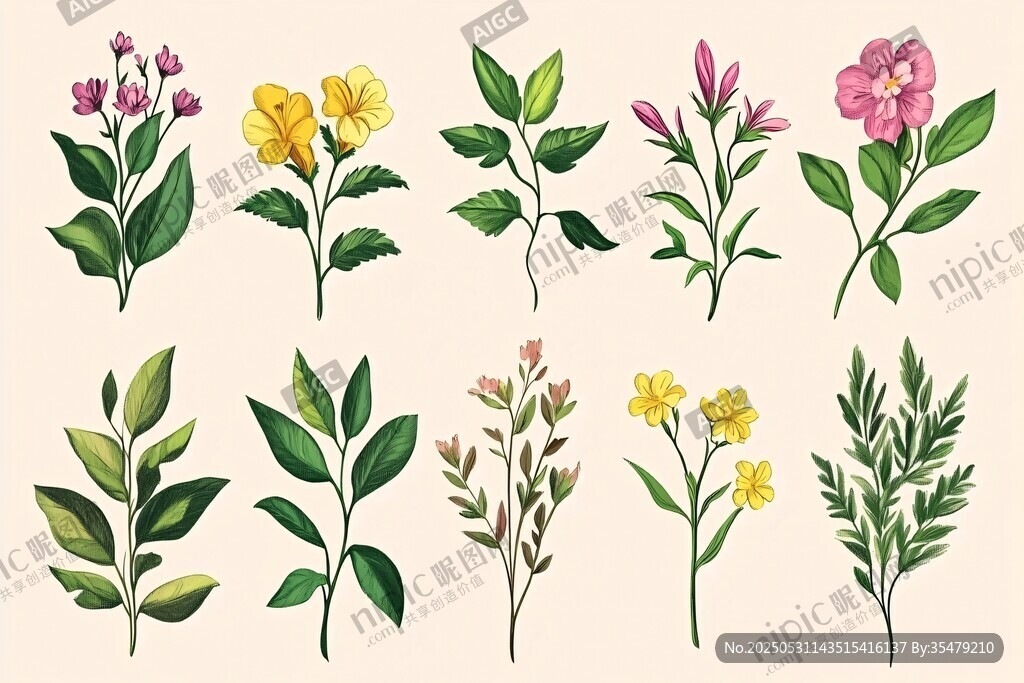 手绘多彩花卉与绿叶集合