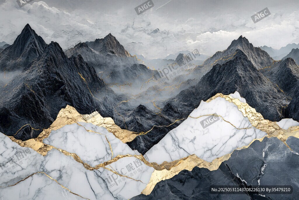 水墨金纹山脉艺术风景图