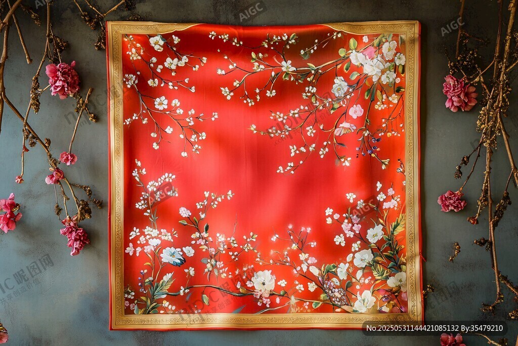 红色花卉图案精美丝巾