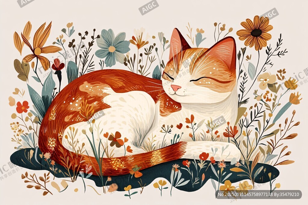 花丛中酣睡的可爱猫咪