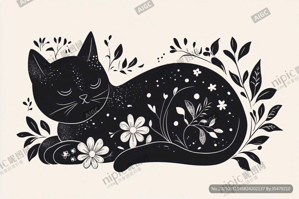 睡梦中的黑猫与花草图案