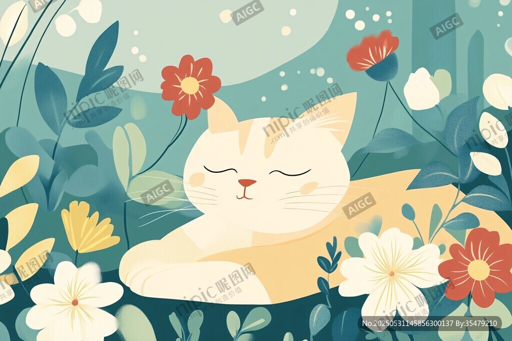 花丛中安睡的可爱猫咪