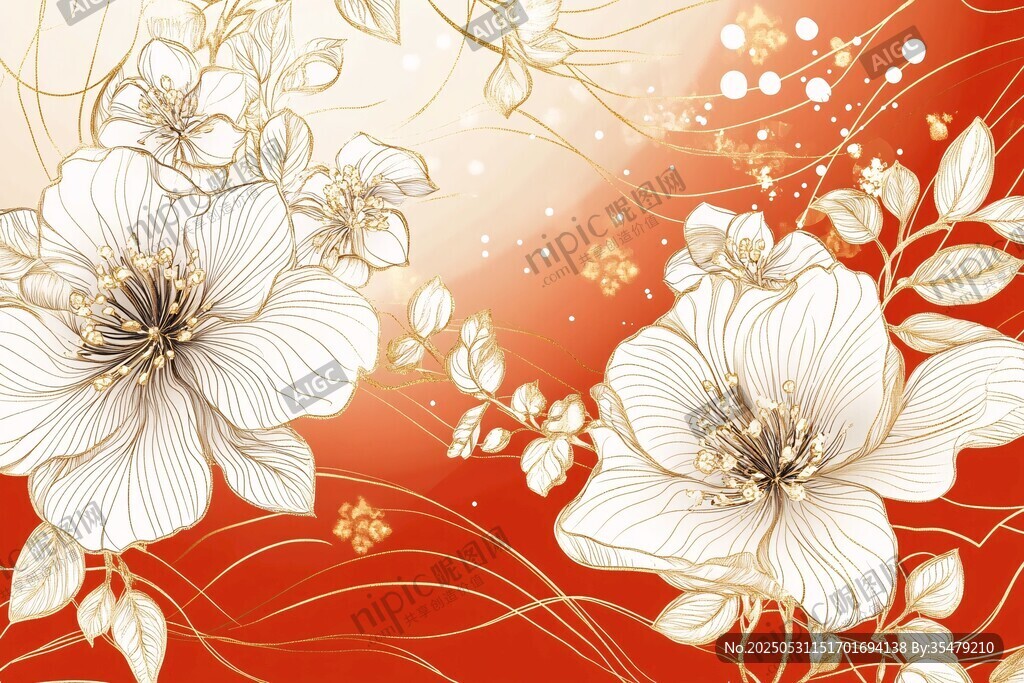 红底金白花卉装饰图案