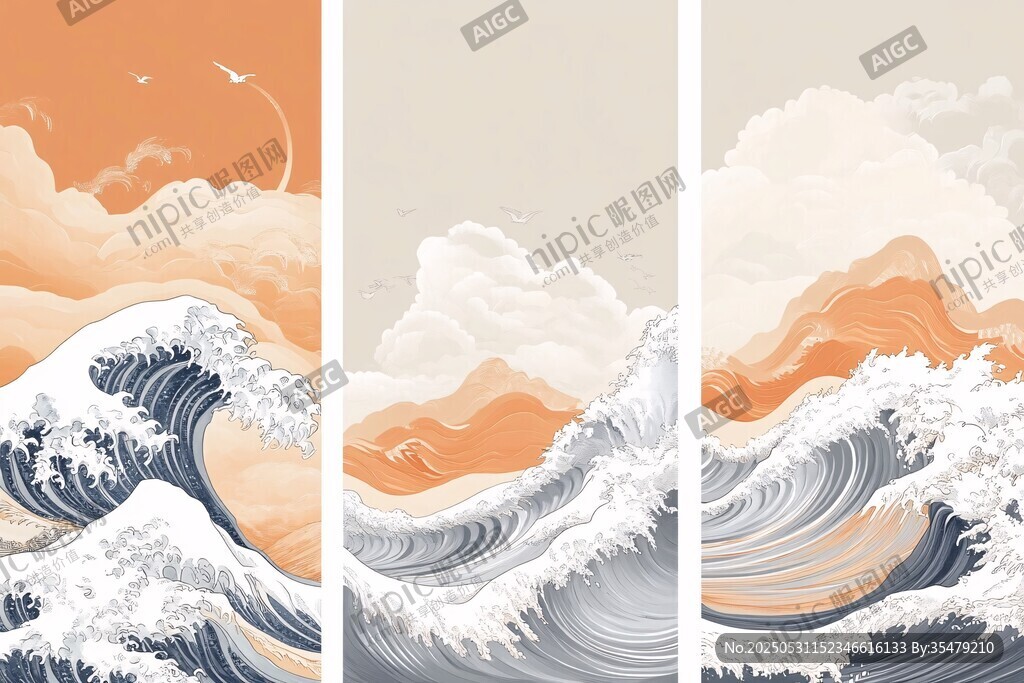 三联海浪插画 山海云景