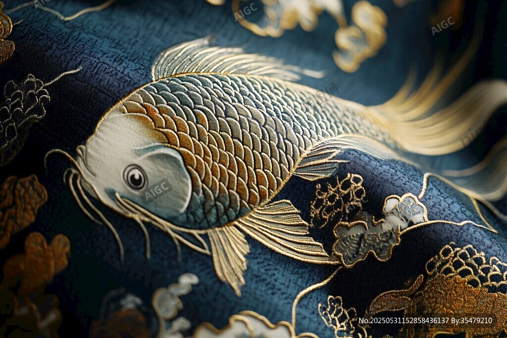 锦缎上的精美锦鲤刺绣