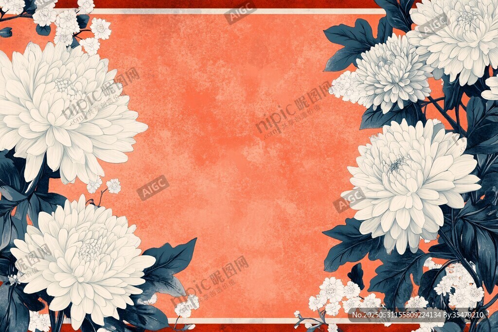 橙底白菊中式花卉背景图