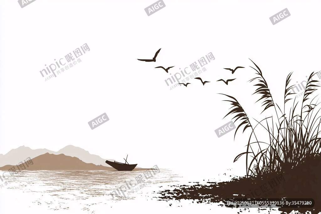 江舟飞鸟芦苇水墨图景