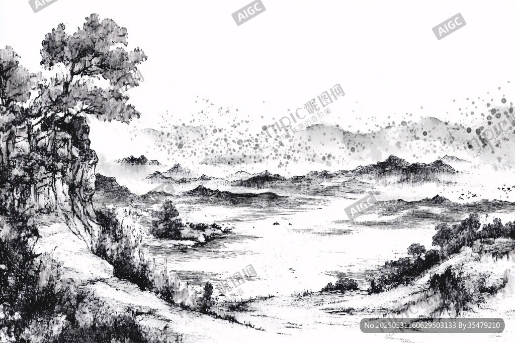 水墨山水景 飞鸟伴山川