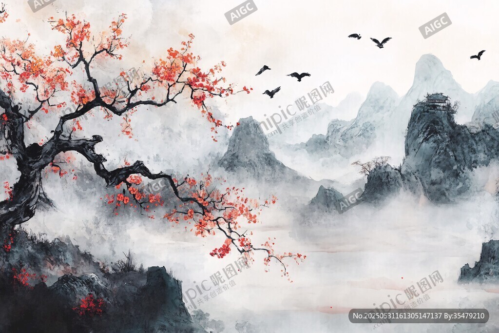 水墨山水间的红梅飞鸟图